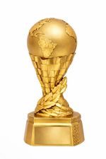 WORLD FOOTBALL RAISED GLOBE TROPHY – SATIN GOLD  - 3 SIZES -  FREE ENGRAVING