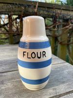 Vintage Ceramic Flour Sifter Blue + White Striped  - 15cm tall