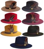 Hazy Blue Mens Ladies Fedora Wide Brim Wool Blend Felt Hat Pheasant Feather 