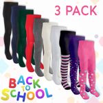 3 Pairs Childrens Girls School Tights Pattern Plain Design Knitted Cotton Rich 