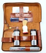 VINTAGE BROWN LEATHER & CHROME PLATED TRAVEL CASE GROOMING SET (INCOMPLETE)