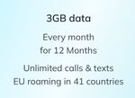 1-year unlimited UK calls and texts + 3GB data every 30 days EURoaming Included