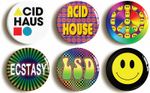 ACID HOUSE BADGE BUTTON PIN SET (1inch/25mm diameter) RETRO ECSTACY RAVE PARTY
