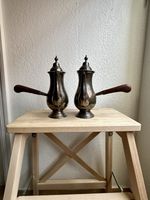 Pair of Antique Silver-Plated Chocolate Coffee Pots — Heart Detail, Wood Handles