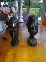 PAIR OF 6" VINTAGE HAND CARVED EBONY WOOD AFRICAN TRIBAL MALE & FEMALE HEADS