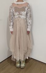 Vintage Silver Long Sleeve Lace Chiffon Dress with Elegant Layered Maxi Gown