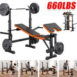 600LBS 6 in 1 Adjustable Weight Bench, Folding Workout Bench Set w/ Barbell Rack