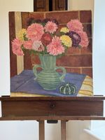 Vintage Still Life Oil Painting Of Flowers In A Vase And A Vegetable On Board