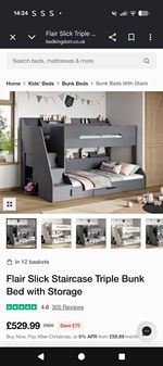 Flair Slick Triple Bunk Bed Staircase Storage Drawers Slats Grey Single