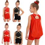 UK Girls Gymnastics Leotard Biketard 4 Piece Dance Outfit with Tumbling Shorts