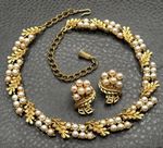 BSK Vintage Gold Tone Faux Pearl Leaf Necklace & Earrings Set Demi Parure