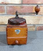 Vintage French PEUGEOT FRERES COFFEE GRINDER Dovetailed Wood / Red Metal Dome