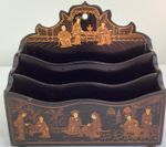 Antique Japanese  Black Lacquer Gilt Image Wall Letter Rack 17cm wide