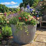 Ribbed Large Vintage Styled Galvanised Metal Round Garden Dolly Tub Planter Pot