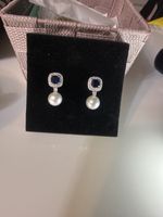 Beautiful Silver Earrings with White Pearl, Sapphire and Zircons