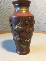 Antique Japanese Small Bronze Vase Meiji Period bird and blossom foliage - 9.5cm