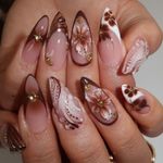 Press On Nails Medium Almond Gradient Nude Brown Blue Floral Rhinestone Sets