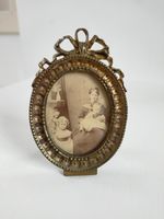 Antique French Gilt Metal Small Oval Photo Frame Easel Stand Bow Finial 