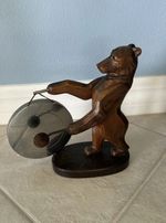 Vintage Carved Bear Striking A Gong Stands 11 Tall. Very Good Condition