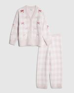 River Island Girls Cardigan & Trousers Set Pink Gingham Cosy 2 Piece Long Sleeve