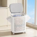 Laundry Basket with 360° Wheels and Lid Large Rolling Clothes Hamper White