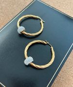 18ct Gold GF Classic Solid Twist 40mm Twisted Hoop Earrings With Crystal Balls