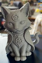 Grey Plastic Cat Figurine Ornament with Cloak & Pentagram Medallion