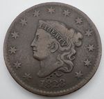1828 Coronet Head Large Cent Tall Narrow Date N-9 R4!! AU+++ Damage, Rare US 1c