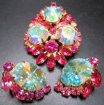 JULIANA BOOK PIECE! Pink Rhinestone AB Rivoli Vintage Brooch Earring Set