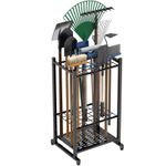 Metal Garden Tool Storage Rack Yard Tool Organizer Stand with Wheels & Hooks