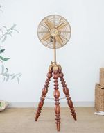 Vintage Brass Tripod Pedestal Fan with Wooden Legs for Home Décor