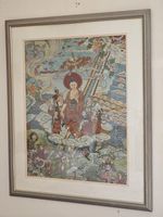 Large Vintage Framed & Glazed Thangka Embroidered Tibetan Silk Depicting Buddha.