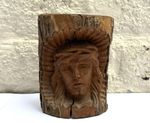 Vintage hand carved Holy Land olive wood log weeping Jesus with crown of thorns