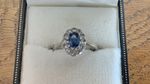 Antique 18ct white gold sapphire & diamond halo ring size N 1/2