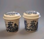 Vintage Pair Masons Ringtons Tea Willow Pattern Garlic Stilton Jars Blue White