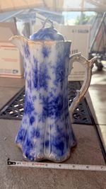 Warwick China Flow Blue Pitcher Pansy Chocolate Victorian Circa 1890