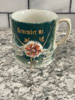 Porcelain Antique German Souvenir Cup “Remember Me” Hand-Painted Pansy Gilded