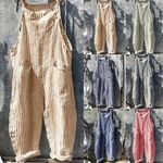 Womens Striped Linen Cotton Playsuit Jumpsuit Casual Loose Overalls Dungarees