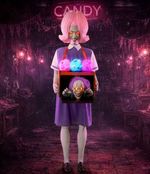 5.5 FT ANIMATED ROTTEN COTTON CANDY GIRL HALLOWEEN ANIMATRONIC PROP PRESALE