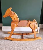 Vintage Restored Handmade Pitch  Pine Rocking Horse With Leather Saddle