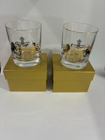 Pair Windsor Castle Whisky Tumblers Gold Royal Crest Rim Boxed Souvenir Glasses