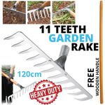 11 Teeth Garden Rake Heavy Duty Manganese Steel Stone Rake 120cm Wooden Handle 