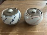 Vintage Tachikichi Kyoto Japan Lidded Ceramic Chawanmushi Cups - Pair Blue & Red