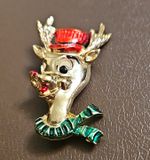 BEATRIX Christmas Reindeer Character Pinback Pin Red Hat Green Scarf