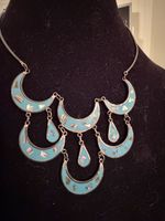 Vintage Alpaca Mexico Turquoise Inlay Statement Necklace 8”x4” Silver