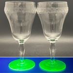 Fostoria Uranium Glass 2pc Etched Stem Wine Glasses c1930s Made in USA 7"t 8oz