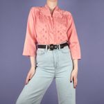 VINTAGE Womens Pink Embroidered 70s Crop Retro Ladies Floral Blouse Top M 12 14