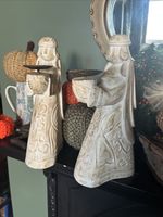 Gorgeous Pair Of Carved Limed Wood Angel Candle Holders, Beautiful, Home Decor