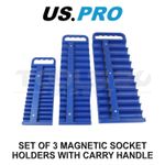 US PRO 3pc Magnetic Socket Holder Set 1/4" 3/8" 1/2" Drive with Carry Handle