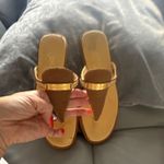 Authentic CHANEL Women’s Beige Brown Gold Thong Flat Sandals Logo Strap Leather